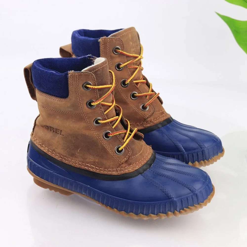 Sorel Womens Cheyanne Duck Boots Size 7 Waterproof Blue Brown Leather Lace Up